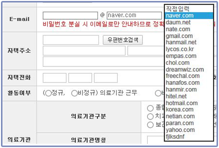 이메일 도메인 선택박스 선택 예시